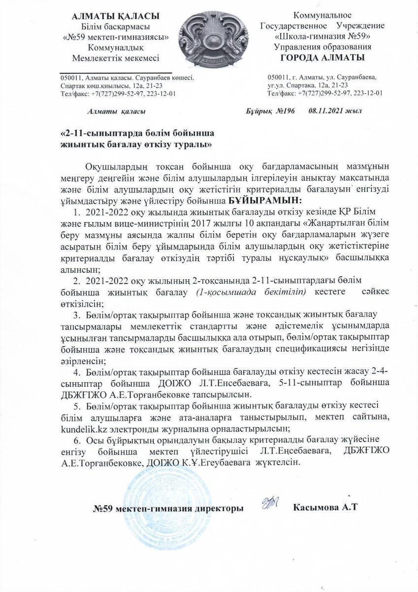2021-2022 оқу жылының 2-тоқсаны бойынша 2-11-сыныптарға жүргізілетін бөлім/ортақ тақырыптар бойынша жиынтық бағалаулар кестесі
