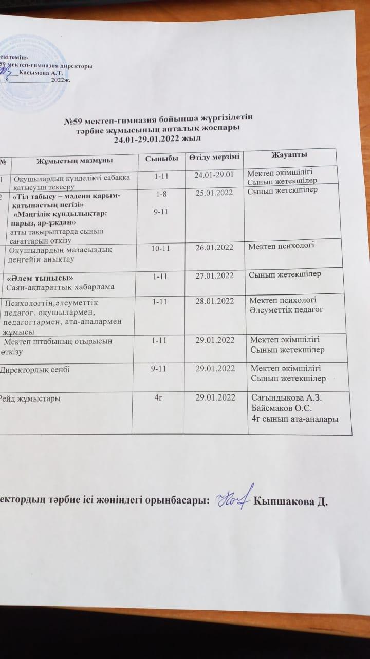 Тәрбие жұмысы бойынша апталық жоспары 24 -29.01.2022 ж