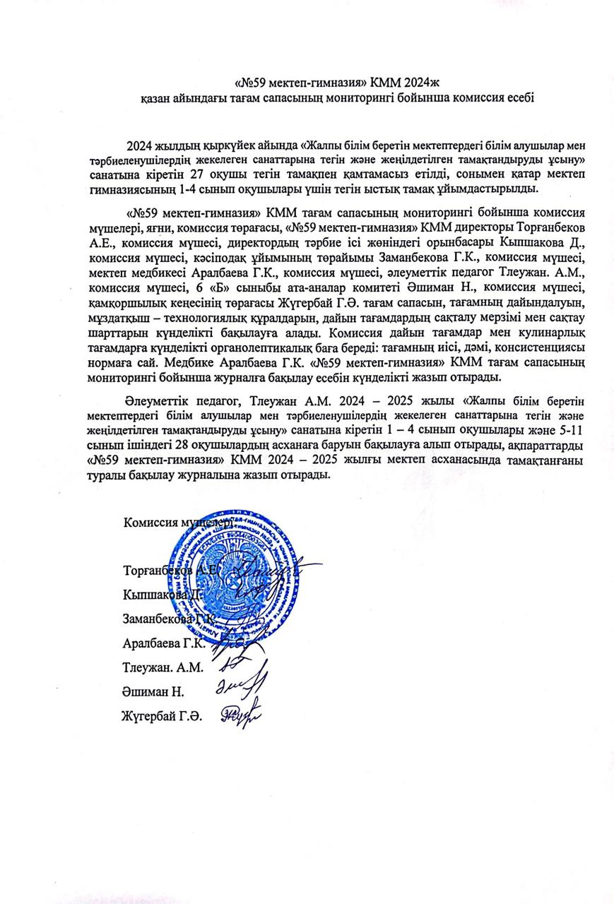 Қазан айындағы тағам сапасының мониторингі бойынша комиссия есебі