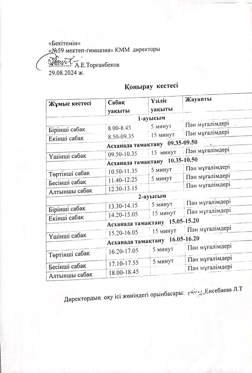 Мұғалімдердің кезекшілік кестесі